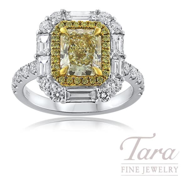 2.01CT Fancy Yellow Radiant Cut Diamond Double Halo Ring in 18K Gold