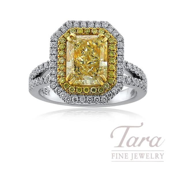 3.01CT Radiant Cut Fancy Yellow Diamond Double Halo Ring in Platinum & 18K Yellow Gold