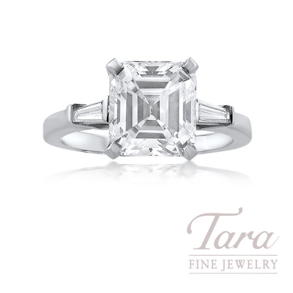 Platinum Emerald Cut Diamond Semi-Mount Ring with 2 Baguettes