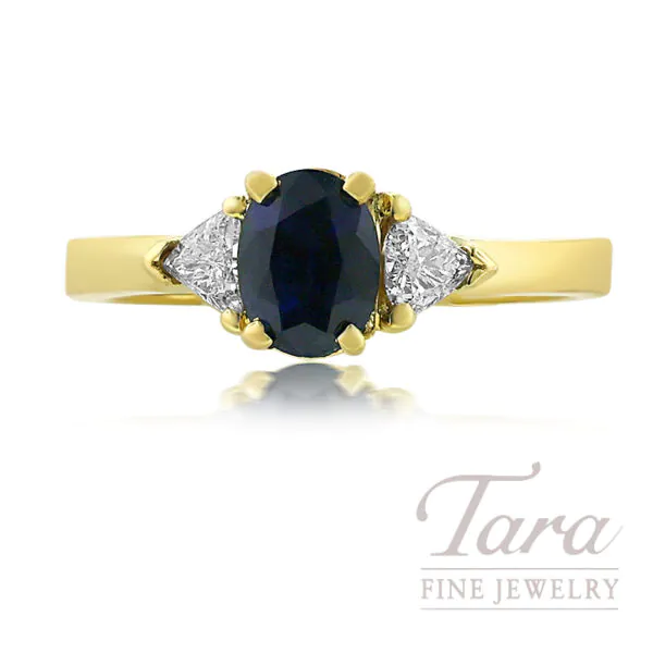 18K Yellow Gold Blue Sapphire Diamond Ring 1.20TGW, 0.30TDW