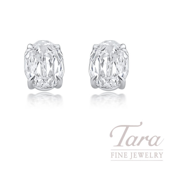 18K White Gold Antique Oval Diamond Halo Stud Earrings
