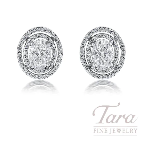 18k White Gold Double Halo Oval Diamond Stud Earrings, 2.50 TDW