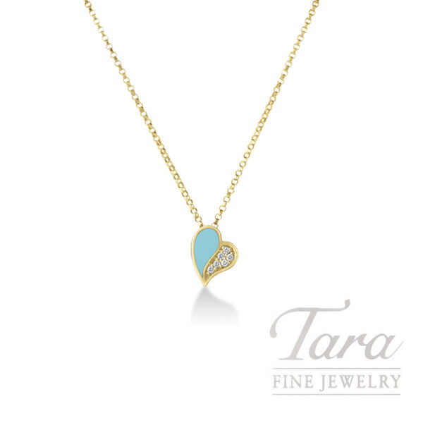 Roberto Coin 18K Yellow Gold Diamond Cyan Enamel Heart Necklace