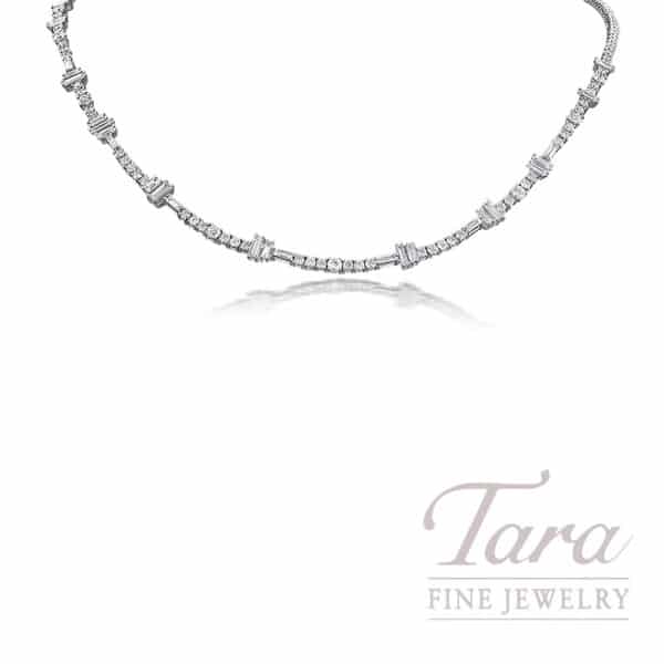 Norman Covan 18K White Gold 4.72 TDW Round & Baguette Diamond Station Necklace, 16"