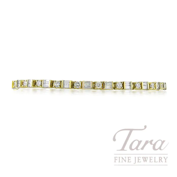 18k Yellow Gold Alternating Round and Baguette Diamond Tennis Bracelet, 4.62 TDW