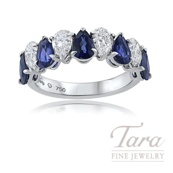 18K White Gold Blue Sapphire and Pear-Shaped Diamond Band 1.24 TW
