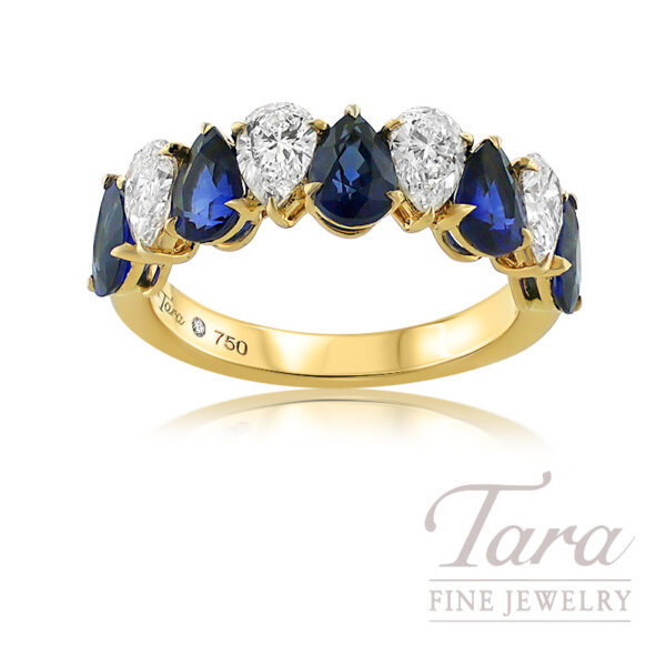 18K Yellow Gold Blue Sapphire and Pear-Shaped Diamond Band 1.23 TW