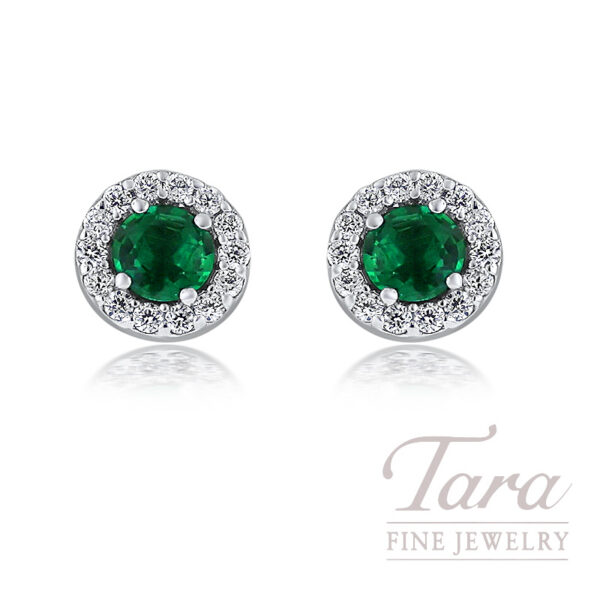 18K White Gold Emerald Halo Diamond Stud Earrings .61TW