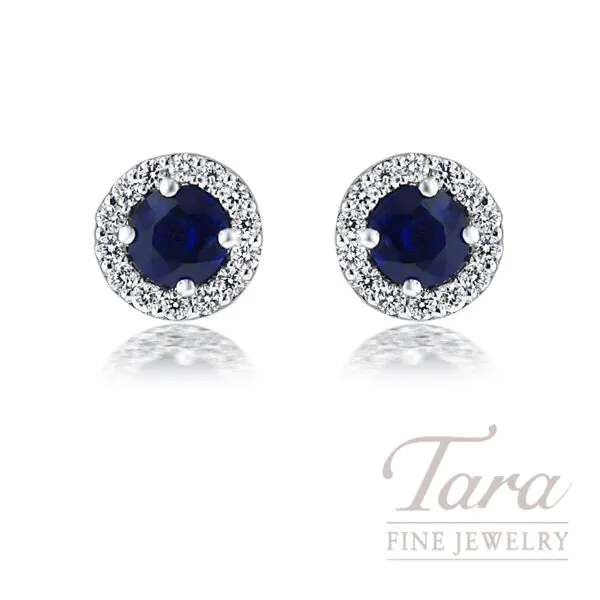 18K White Gold Blue Sapphire Diamond Halo Stud Earrings .89TW