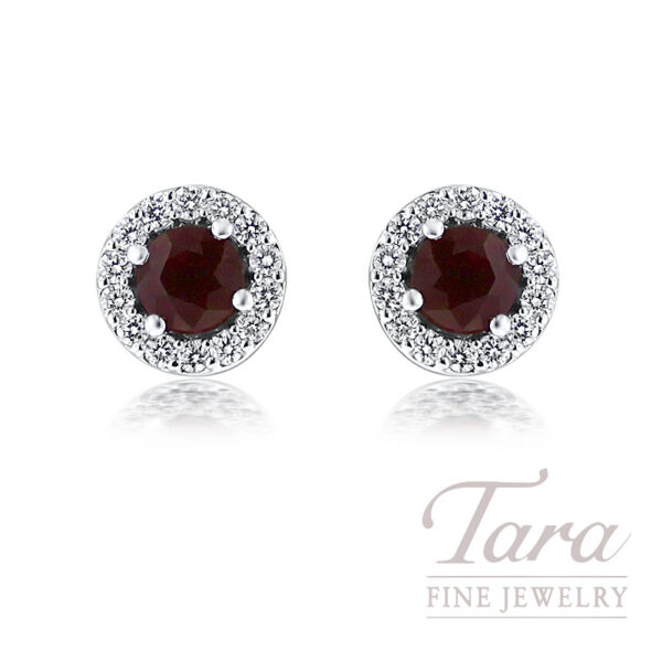 18K White Gold Ruby Diamond Halo Stud Earrings 1.10TW