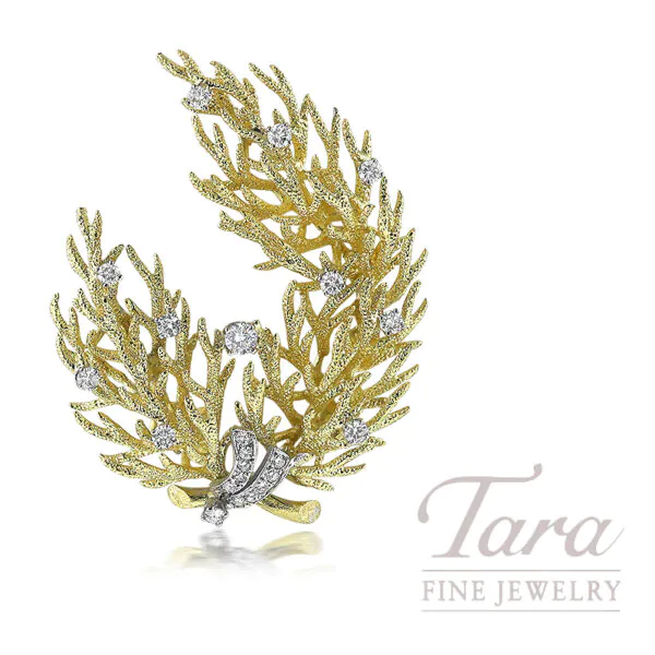 18K Yellow Gold Textured Diamond Coral Motif Estate Brooch 0.75 TDW