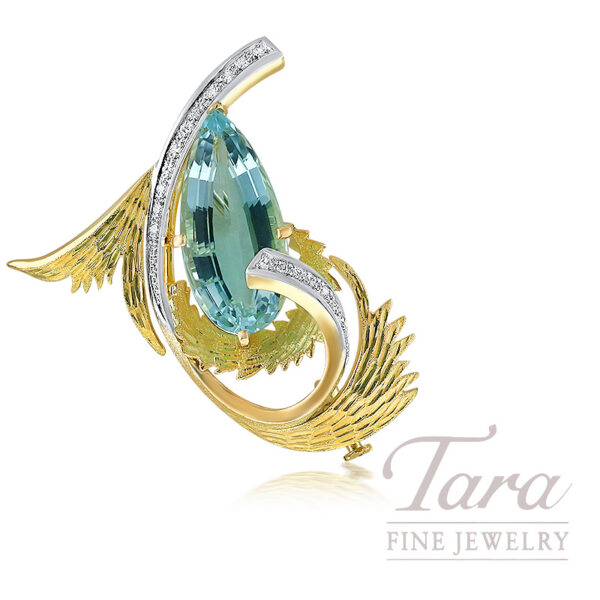 18K Yellow Gold 11.5 CT Pear Aquamarine & Diamond Estate Brooch
